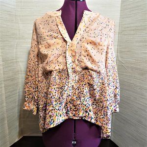Fabulous Floral Confetti Cinched Sleeve Blouse blousy loose comfort pockets Vee